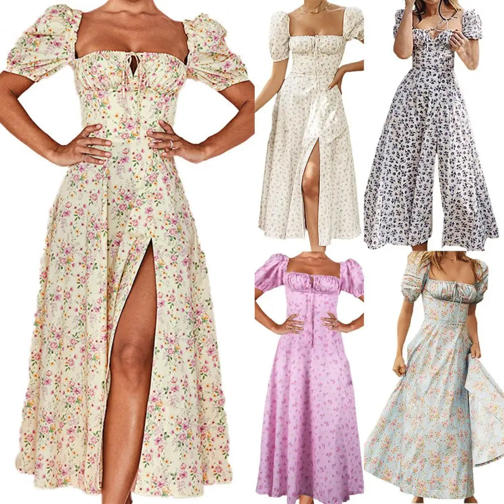 Robe mi-longue à manches bouffantes pour femmes, imprimé Floral, Streetwear, été