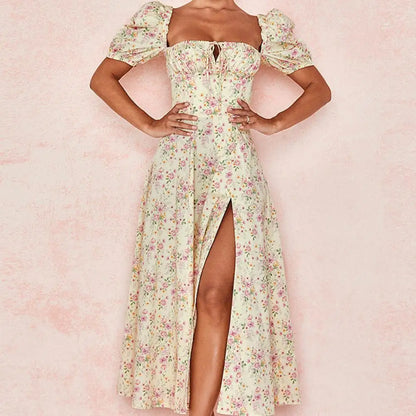 Robe mi-longue à manches bouffantes pour femmes, imprimé Floral, Streetwear, été